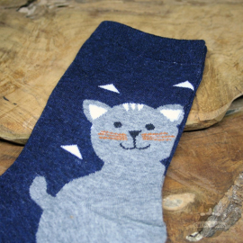 Blauwe sokken met grote blije kat maat 36-41