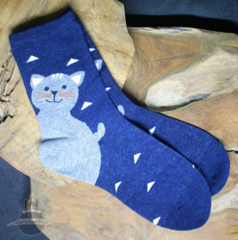 Blauwe sokken met grote blije kat maat 36-41