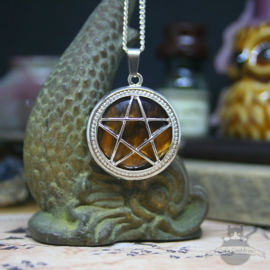 Pentagram natuursteen ketting Tijgeroog