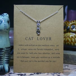 CAT LOVER necklace with silver colored cat on card