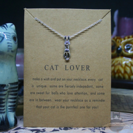 CAT LOVER ketting met katje in zilveren kleur op kaart