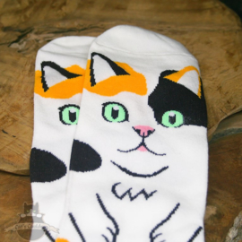 Ecru Socken mit großer Katze im Cartoon-Stil Größe 35-40