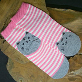 Roze gestreepte sokken met grijze poes mt.36-41