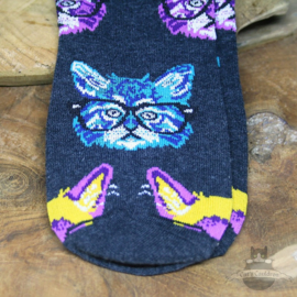 Trendige Katzensocken farbige Köpfe mit Brille Gr. 36-41