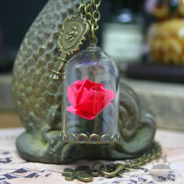 Red rose in glass dome Beauty and the Beast necklace