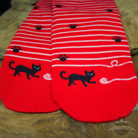 Red striped cat socks with small paw prints size 35-40