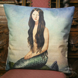 Mermaid with long dark hair sitting on a rock pillowcase