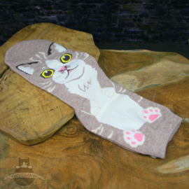 Light brown socks with big cat in cartoon style size 35-40