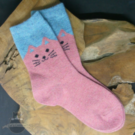 Roze kattensokken met lichtblauwe rand maat 35-40