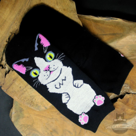 Lage zwarte sokken met grote kat in cartoon stijl mt.35-40