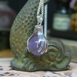 Spiritual necklace of two hands holding an Amethyst sphere