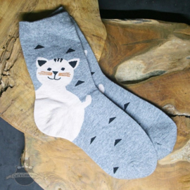 Graue Socken mit großer Katze Größe 36-41