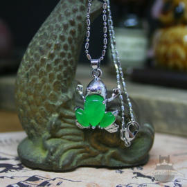 Frog necklace with green stones silver colored pendant