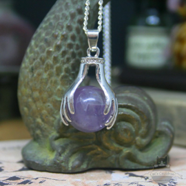 Spiritual necklace of two hands holding an Amethyst sphere