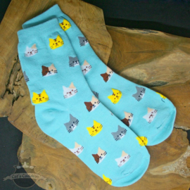 Lichtblauwe sokken met kattenkoppen mt.36-41