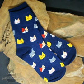 Blauwe sokken met kattenkoppen mt.36-41