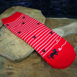 Red striped cat socks with small paw prints size 35-40