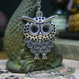 Owl necklace with dark eyes silver colored