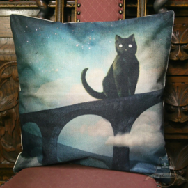 Black cat sitting on a bridge pillowcase