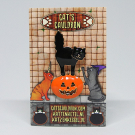 Black cat on Halloween pumpkin brooch