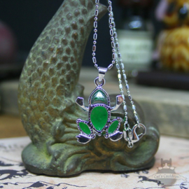 Frog necklace with green stones silver colored pendant