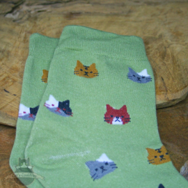 Olive green cat socks with small heads size 35-39