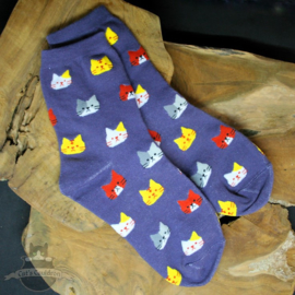 Paarsblauwe sokken met kattenkoppen mt.36-41