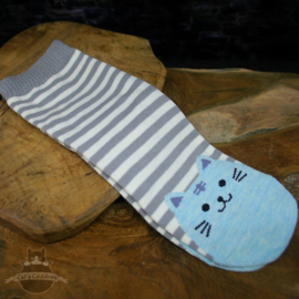 Grijs gestreepte sokken met lichtblauwe poes mt.36-41