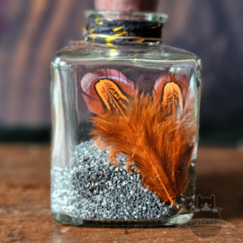 Phoenix Ashes with feathers in jar