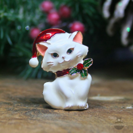 Christmas Brooch white Kitten with Santa hat and bowe