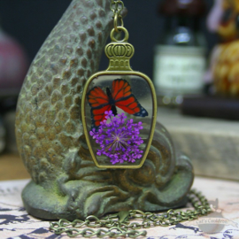 Dried flower necklace red butterfly in jar