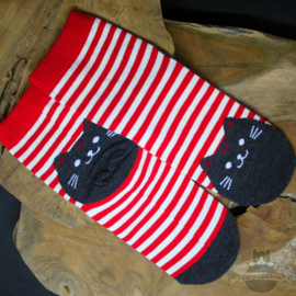 Rood gestreepte sokken met zwarte poes mt.36-41