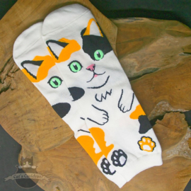 Ecru sokken met grote kat in cartoon stijl mt.35-40