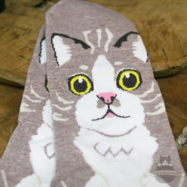Light brown socks with big cat in cartoon style size 35-40