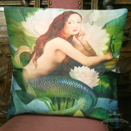 Mermaid with a parrot amongst water lilies pillowcase