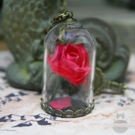 Red rose in glass dome Beauty and the Beast necklace