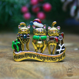 Weihnachtsbrosche Katzen Friends Are The Greatest Gift goldfarbig