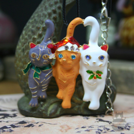 Three cats in Christmas outfit necklace and brooch
