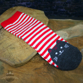 Rood gestreepte sokken met zwarte poes mt.36-41