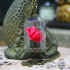 Red rose in glass dome Beauty and the Beast necklace