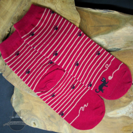 Dark red striped cat socks with small paw prints size 35-40