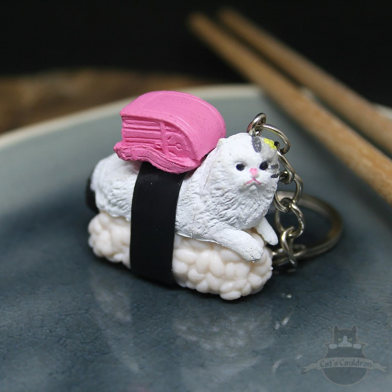 Sushi-Schlüsselanhänger Weiße Katze mit rosa Rucksack