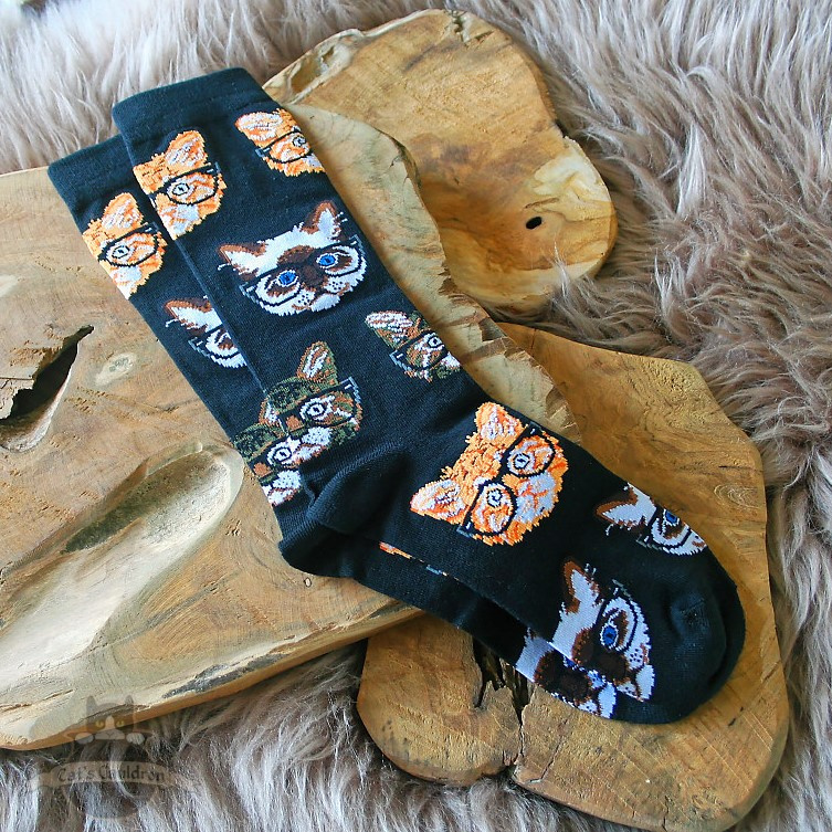 Trendige schwarze Socken mit Katzen mit Brille Gr. 39-44