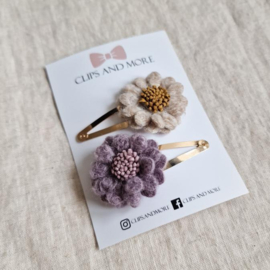 Setje wool flower -  5 cm beige/lila