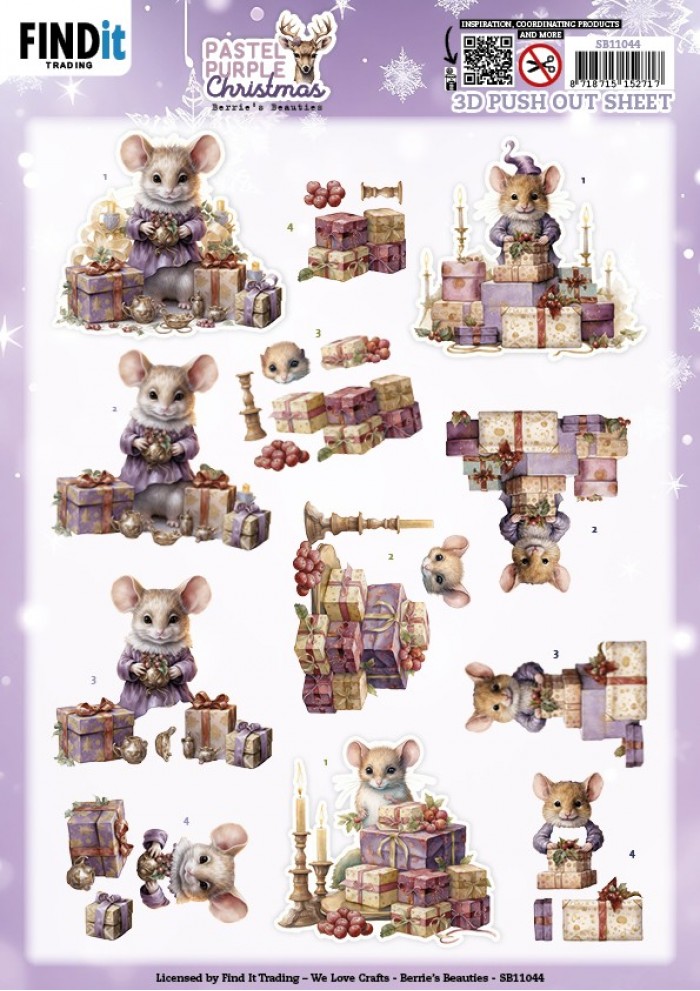 3D Pushout Sheet - Berries Beauties - Pastel Purple Christmas - Mouse SB11044