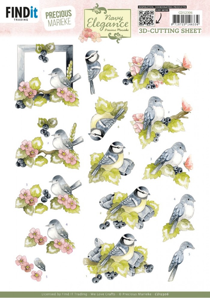 3D Cutting Sheet - Precious Marieke- Navy Elegance - Blue Birds CD12306