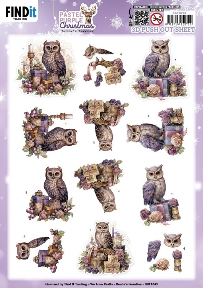 3D Pushout Sheet - Berries Beauties - Pastel Purple Christmas - Owl SB11043