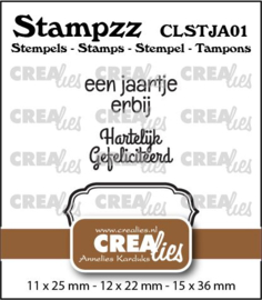 Stampzz Jarig 01: 2 teksten + 1 tag/label Crealies CLSTJA01 11 x 25 mm - 12 x 22 mm - 15 x 36 mm.