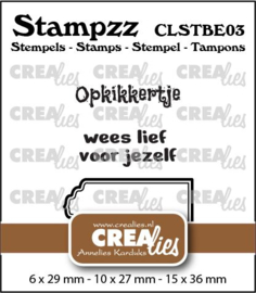 Stampzz Beterschap 03: 2 teksten + 1 tag/label Crealies CLSTBE03 6 x 29 mm - 10 x 27 mm - 15 x 36 mm.