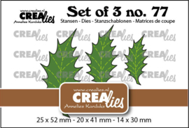 Set of 3 no. 77, Blaadjes 22 Dichte Hulstblaadjes met stiklijn Crealies CLSet77